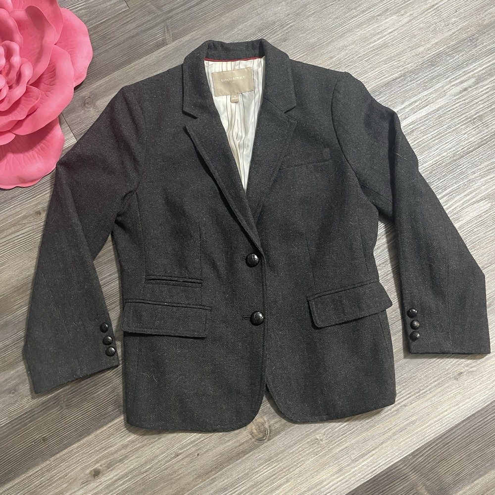 BANANA REPUBLIC Sz 8 Black/Grey Wool Blend Lined Herringbone Blazer‎ Preppy